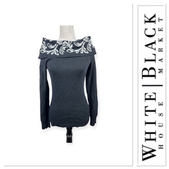 White House Black Market off the shoulder black scroll print sweater Xsmall - Picture 1 of 9